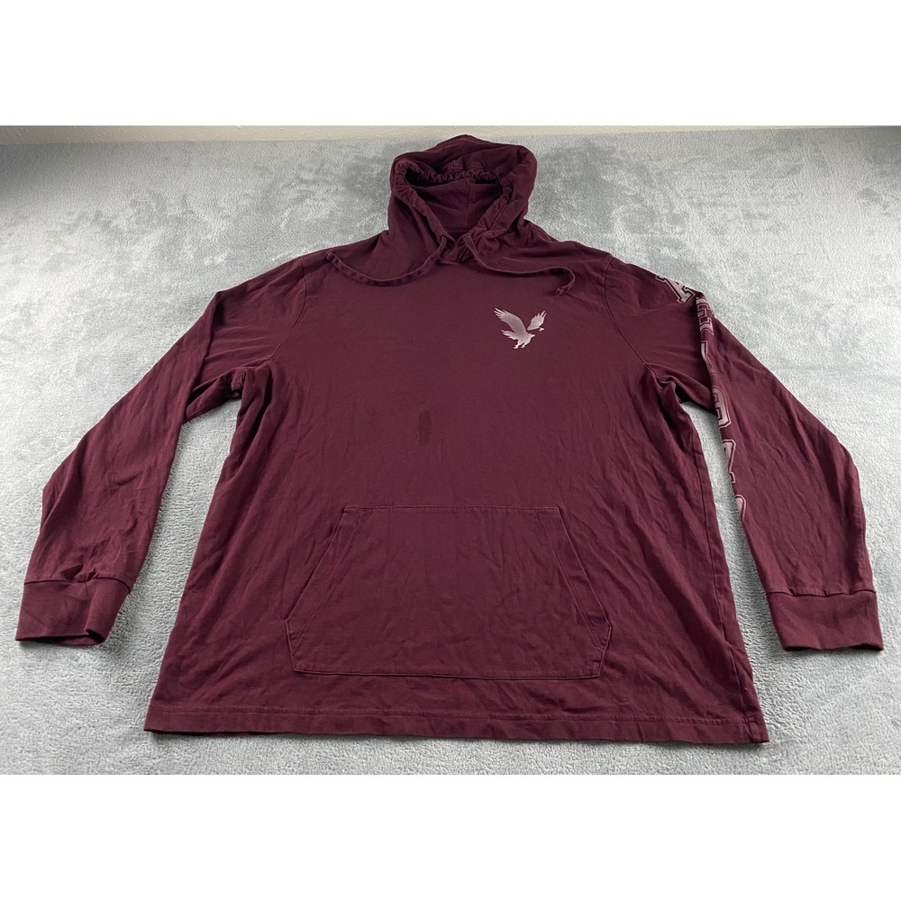 American Eagle Mens XL Super Soft Hoodie Tee Burgundy Maroon AE 1977 Graphic